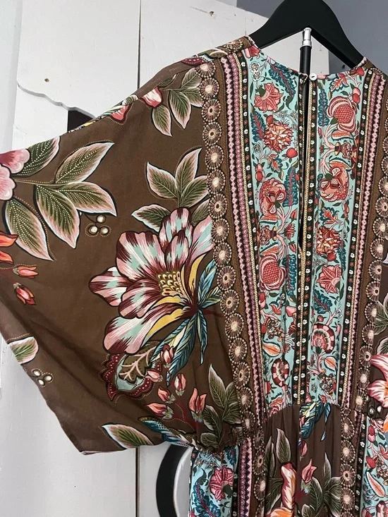 Farm Rio Anthropologie Valentina Floral Maxi Dress Brown Boho Kimono Sleeve Sz S - Picture 8 of 16